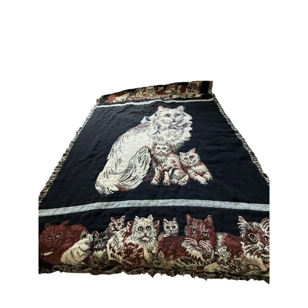 Vintage 90s Tapestry Throw Blanket Playful Cats Persian Cat w/ Fringe 1992